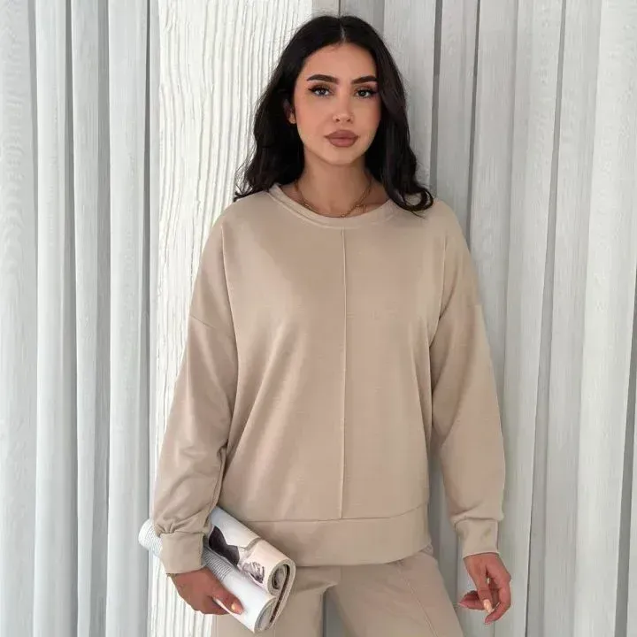 Bej Renk Çıma Detaylı Modal Kumaş Geniş Paça Eşofman Takımı
