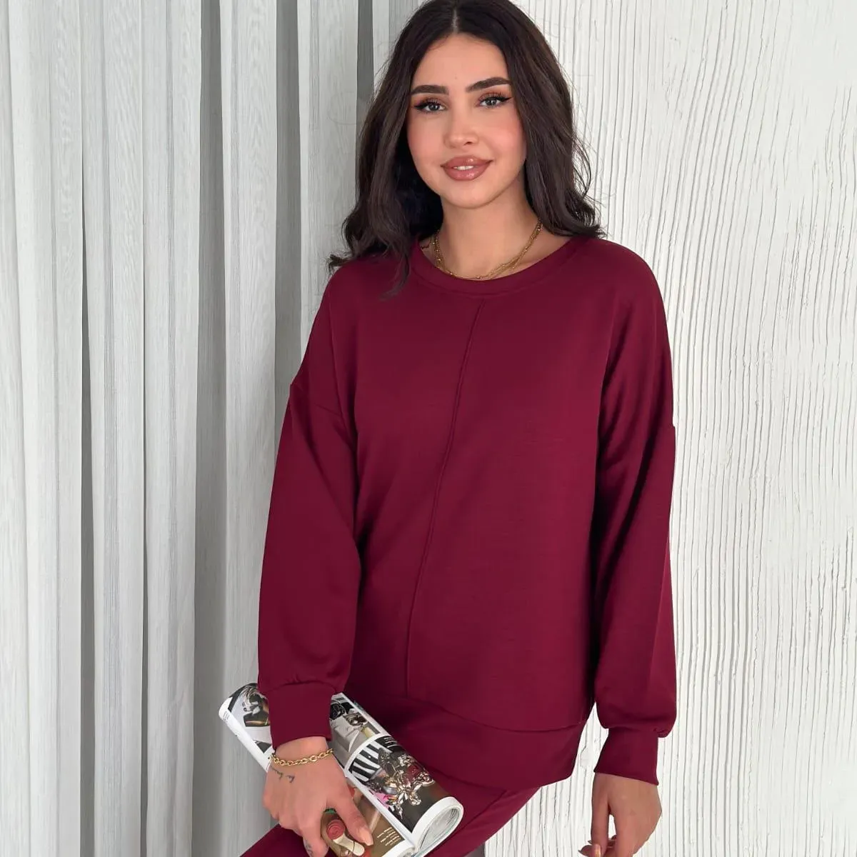 Bordo Renk Çıma Detaylı Modal Kumaş Geniş Paça Eşofman Takımı