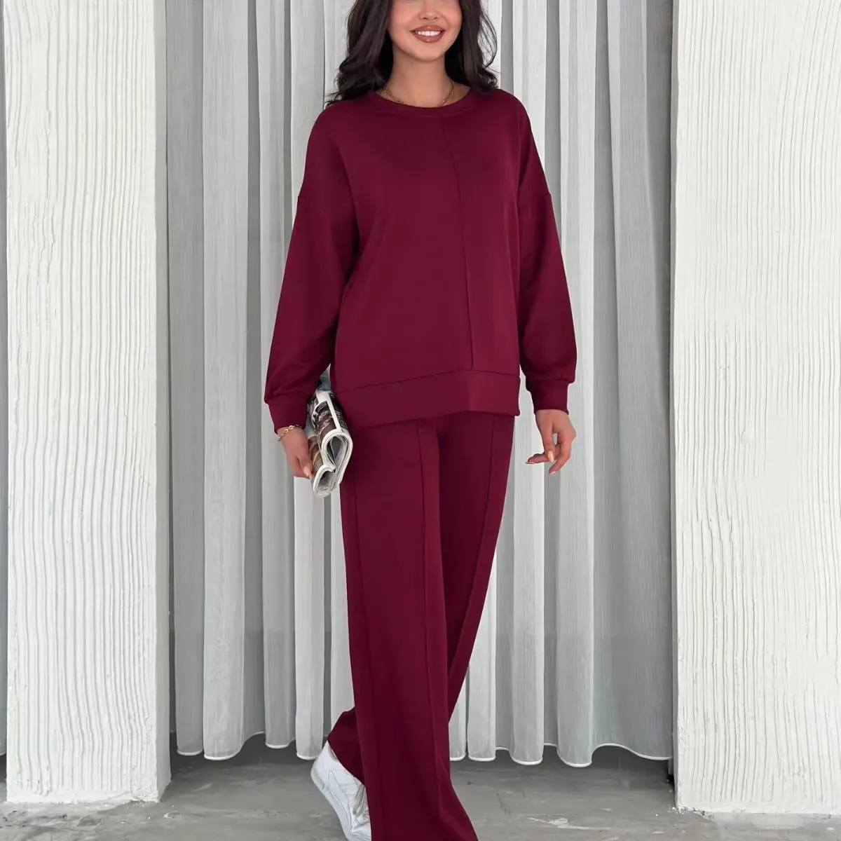 Bordo Renk Çıma Detaylı Modal Kumaş Geniş Paça Eşofman Takımı