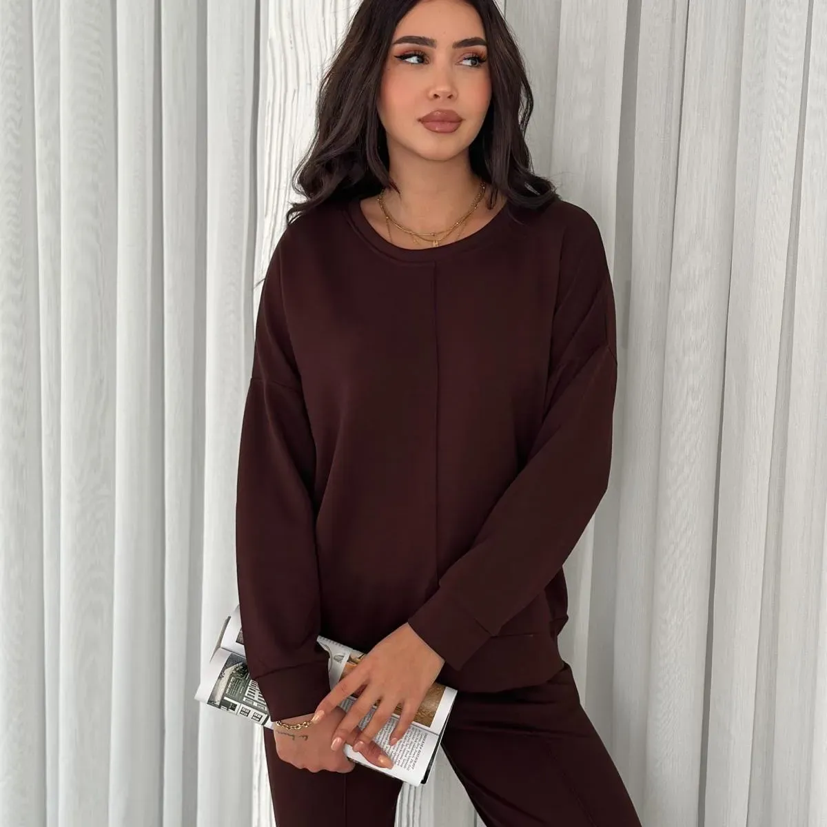 Kahverengi Çıma Detaylı Modal Kumaş Geniş Paça Eşofman Takımı