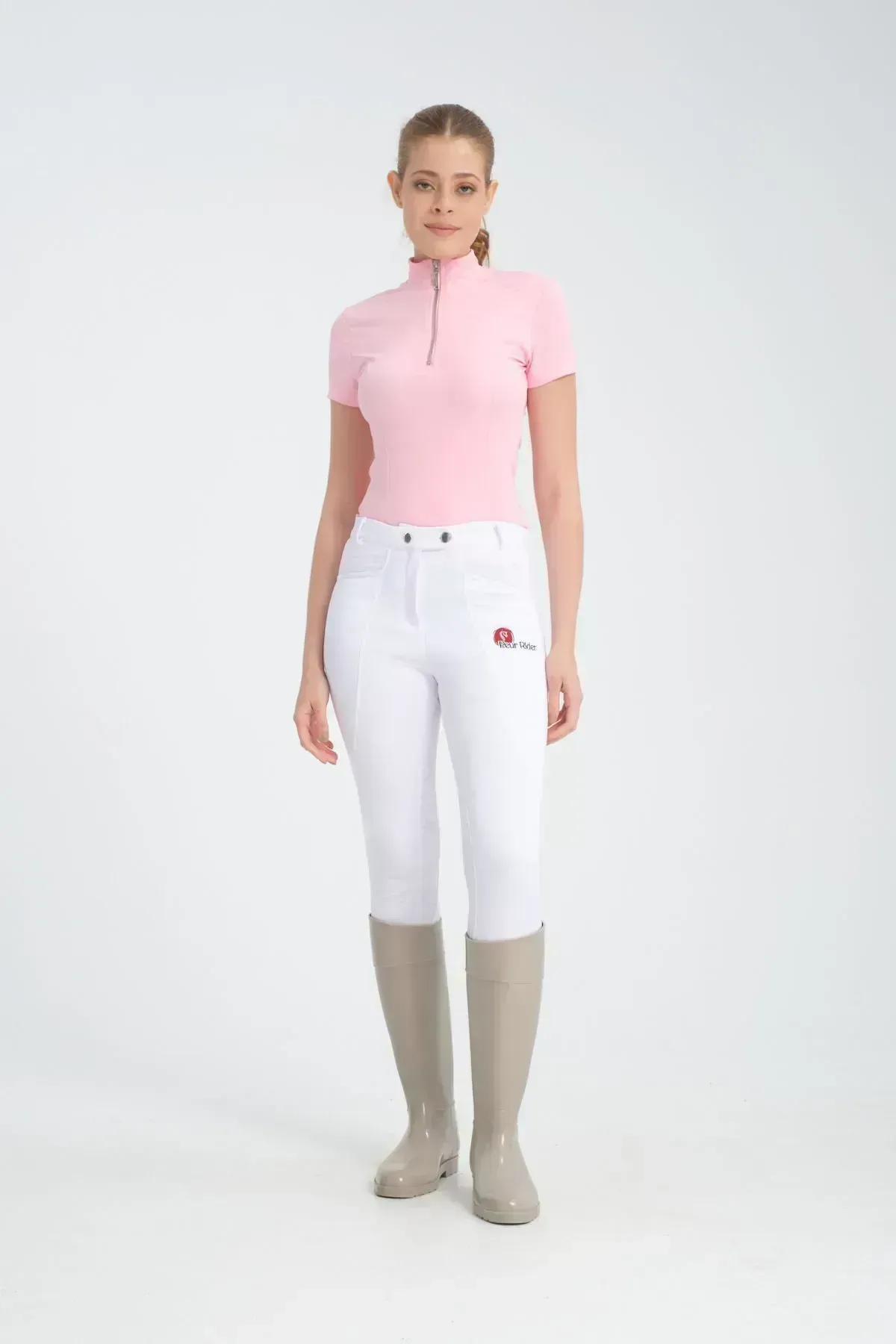 Pembe Renk Kısa Kollu Fermuarlı Kadın Binici T-shirt