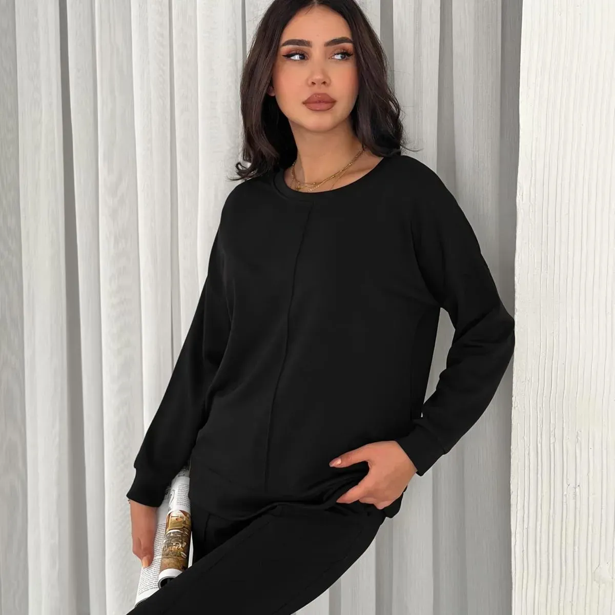 Siyah Renk Çıma Detaylı Modal Kumaş Geniş Paça Eşofman Takımı